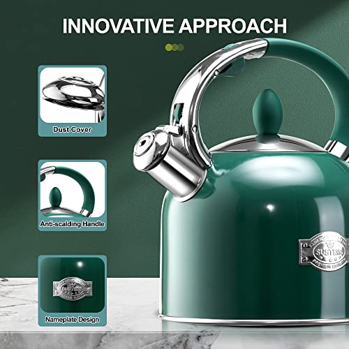 Tea Kettle - Susteas 3.17Qt Whistling Kettle With Ergonomic Handle - Premium Stainless Steel Tea Pots For Stove Top, Chic Vintage Teapot With Composite Base, Work For All Stovetops (Green) #TOP1