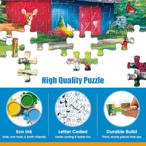 Rompecabezas de 500 piezas para adultos, 'Country Pond Oasis', con patos y ciervos junto a una cabaña rural, hecho de cartón reciclado, tamaño final 20,5 x 15 pulgadas miniatura 3