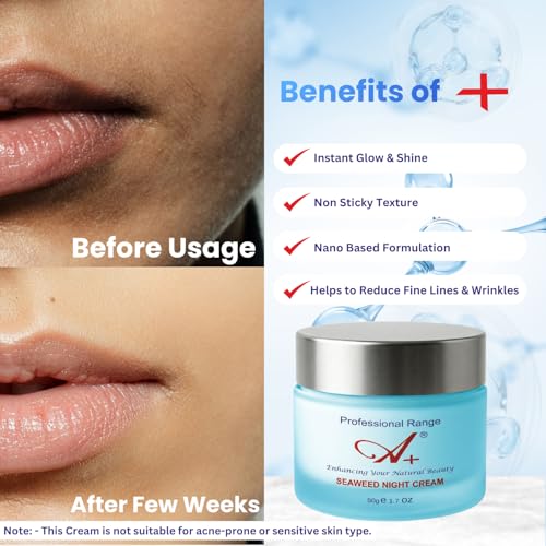 Image of A+ Seaweed Night Face Cream for Glowing & Radiant Skin | Anti-Aging Moisturizer for Men & Women | Reduces Wrinkles, Fine Lines & Dullness | Hydrating Cream for Oily & Combination Skin, 50g