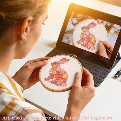 Image of Easter Embroidery Kits for Beginners Adults, Flowers Bunny Embroidery Kits, Hand Stamped Cross Stitch Kits for Beginners Adults & Women Easter Gifts, Entire Set of Embroidery Supplies & Video Tutorial