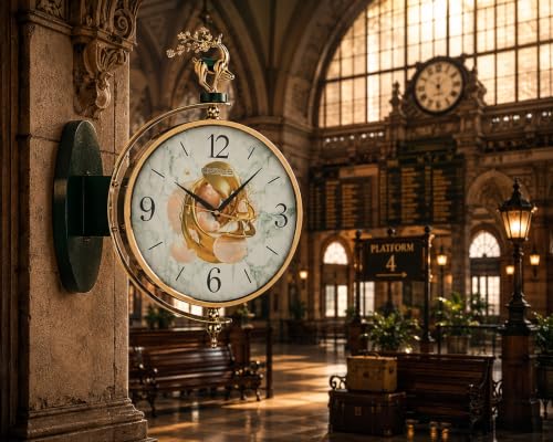 Image of Prakal Home Decor Double Sided Round Wall Mount Station Clocks Watchs Double Face Wall Clock Vintage Retro Metal Frame Glass Dial Cover (W8 Green)