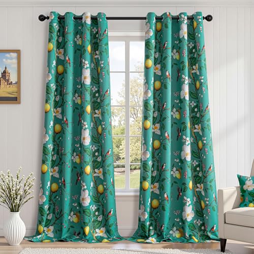 Image of MYSKY HOME Floral Blackout Curtains 95 inches 2 Panels Set for Dining Room Vintage Mid Century Style Lemon Hummingbird Patterned Room Darkening Thermal Insulated Drapes Grommet, W52, 2 Pcs, Deep Green