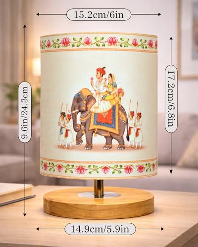 Image of Homesake Pine Table Lamp Wooden Bedside Lamp Simple Bedroom Light Linen Shade Mini Desk Lamp Nightstand Lamp for Bedroom, Living Room, Gift, (Rajasthani Art of India Shade Cylinder)