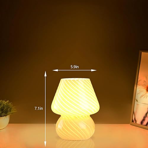 Miniatura 7 de Lámpara de mesa de noche de cristal con hongos, lámpara de mesita de noche a rayas vintage amarilla, luz nocturna de atenuación continua de 3