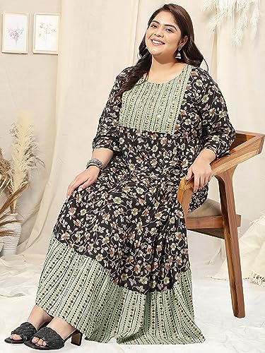 Image of MIRCHI FASHION Plus Size Women's Cotton Sequins Embroidered Foil Printed Anarkali Kurti