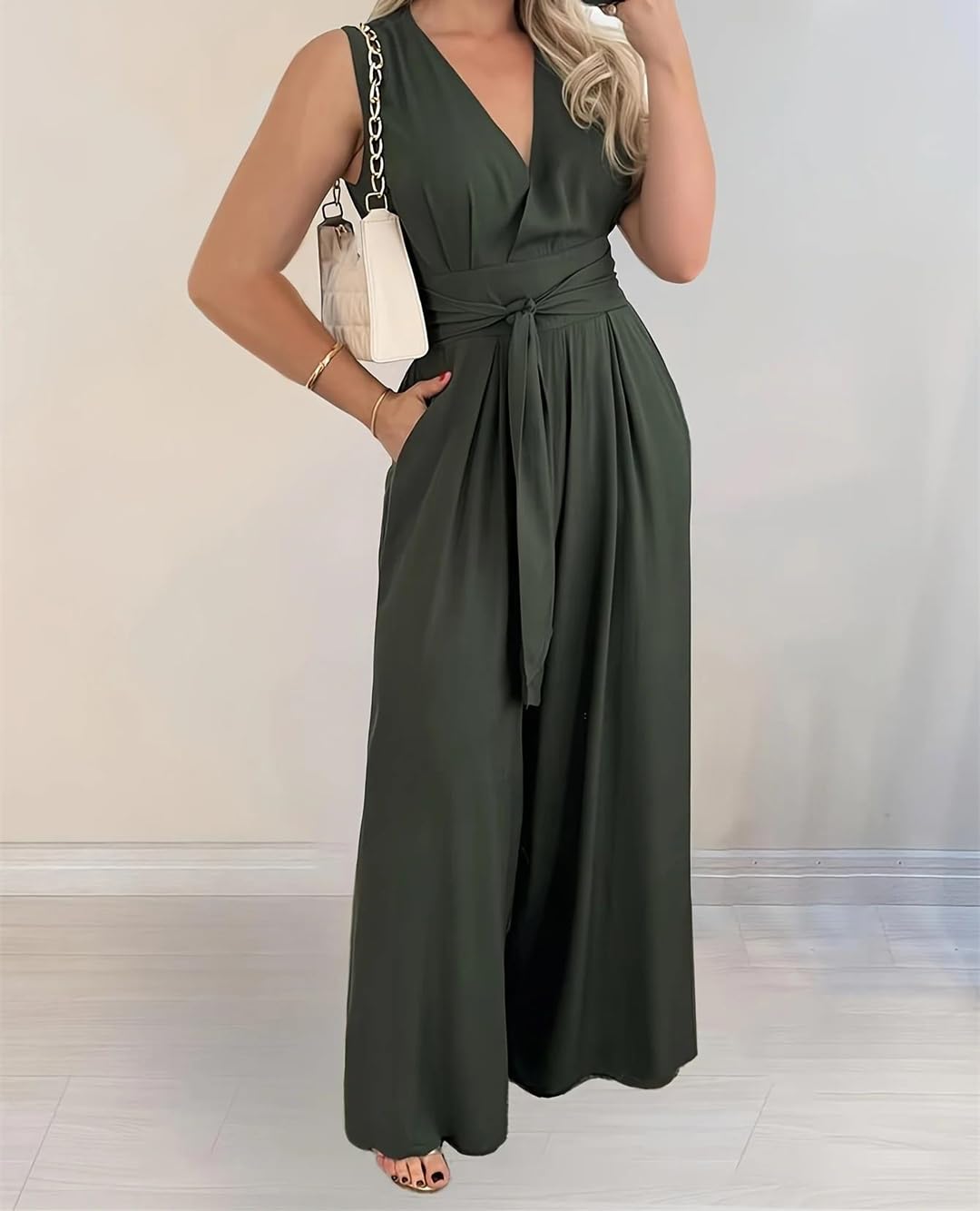 Yeuyyben Mono de pierna ancha con cuello en V para mujer, con lazo en la cintura, casual, color liso, ajuste holgado, elegante, pantalones largos