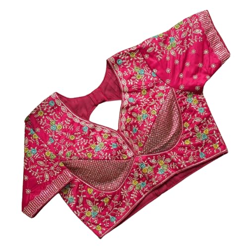 Image of Sangam Prints Women's Gracefull Pink Satan Silk Free Size Stitched Blouse with Traditional Embroidery Work
