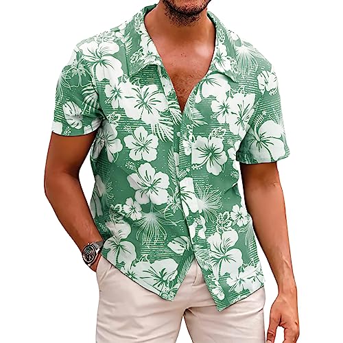 Men's Novelty Hawaiian Floral Shirt Summer Casual Button Down Tropical Holiday Beach Shirts Dark Green