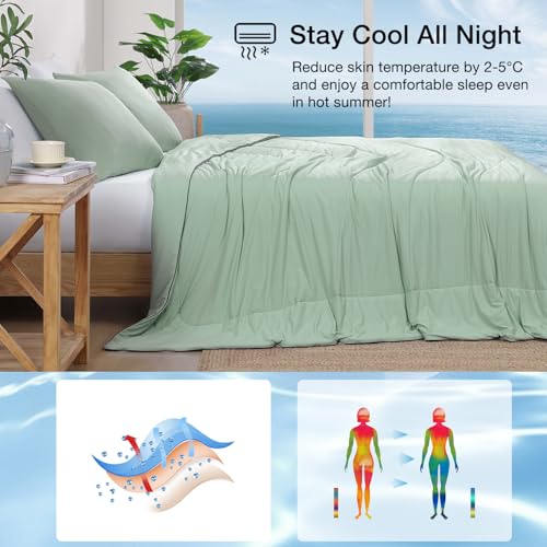 Monbix ChillChilla Cooling Comforter King Size-3 Pieces Cooling Blankets for Hot Sleepers and Night Sweats, Double-Sided Summer King Size Comforter Set, Breathable Lightweight Blanket Grey Green