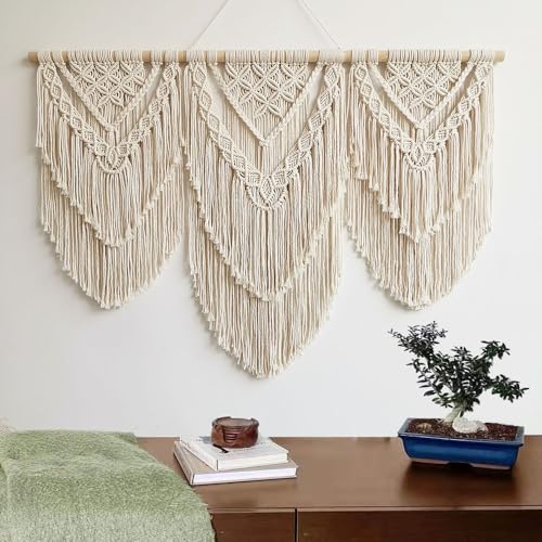 Ordeluxe Macramé 110cm x 82cm Tapiz Boho, Grande, Hecho a Mano, Decoración de Pared para Dormitorio, Decoración de Balcón, Regalo para Mujeres