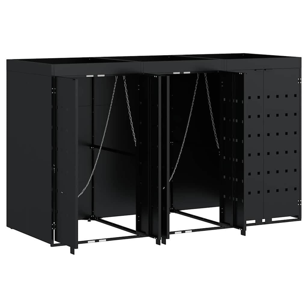 Mülltonnenbox für 3 Tonnen, Mülltonnenverkleidung für 3 Behälter Schwarz, 204 x 77,5 x 121,5 cm, aus pulverbeschichtetem Stahl mit Pflanzen-Dach, erweiterbares belüftetes Design