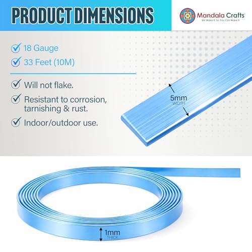Image of Mandala Crafts 5mm Light Blue Flat Aluminum Crafting Wire for Sculpting | 33 FT, Anodized, Colored, Tarnish Resistant, Bendable, Flexible, for Jewelry Making, Bezel, Bonsai, Armature, Outdoor