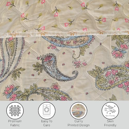 Image of Dohar Double Bed 100% Cotton Blankets for Summer | 90x100inch, 150GSM Ac Comforter and Cooling Blankets for Summer | Cream Color Curry | Classic Printed Design | Quilt | Ideal for Gifting