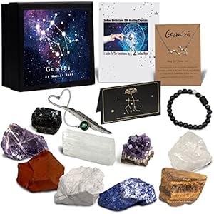 Gemini Gifts for Women Zodiac Crystals and Healing Stones Set, 14pcs Birthstone Gemstones Charms for Girls, Real Zodiac Signs Crystals Set for Spiritual Astrology Decor Horoscope Birthday Gift Kit