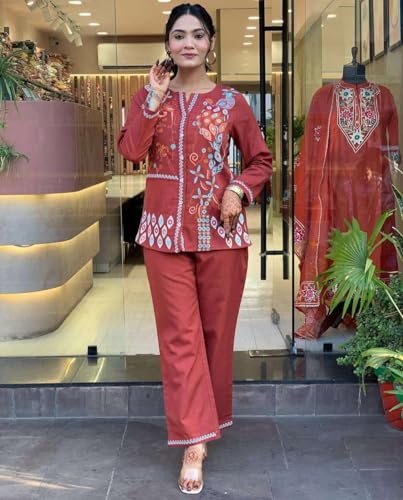 Image of SOFIYA'S TREND Women's Cotton Embroidery Straight Kurti with Pant Set