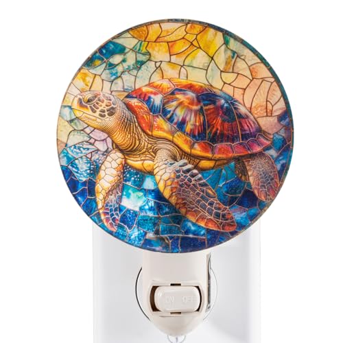 Image of Sea Turtle Night Light - Real Glass Stained Glass Styled Plug-in Wall Light for Vertical Outlets, Perfect Ocean-Themed Gift for Beach Lovers and Coastal Homes
