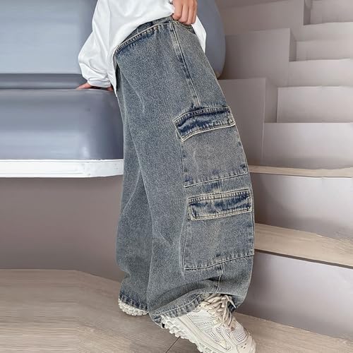 Boys Baggy Cargo Jeans Elastic High Waist Hip Hop Pant Vintage Wide Leg Ripped Jeans Loose Fit for Teens with Pockets4