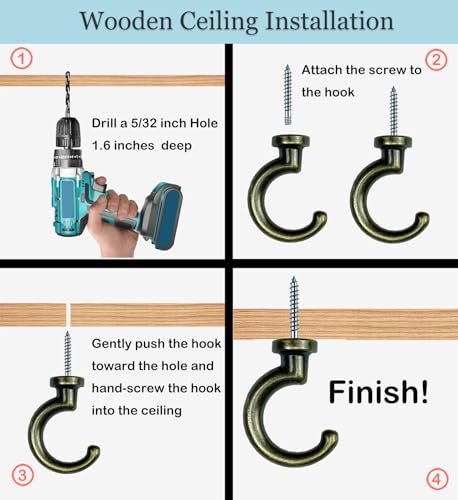 Image of Large Swag Ceiling Hooks Heavy Duty Swag Hook with Hardware for Hanging Plants Ceiling Installation Cavity Wall Fixing (2 Sets, Antique Brass)