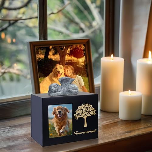DiDiBirDi Haustierurne für Hundeasche Hundebox Holz Schwarz Hundeurnen für Asche Haustier Asche Box mit Hundeengel und Aschebeutel