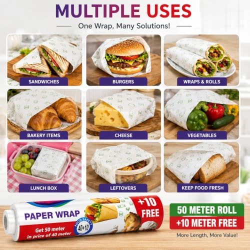 Image of Feather's Multipurpose Food Wrapping Paper Roll | Pack of 1, 50m | Baking Butter Paper | Parchement Paper for Baking and Air Fryer | Roti, Sandwich, Rolls, Lunch and Packaging