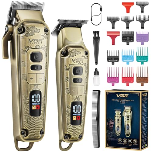VGR Cortapelos para hombres, recortadora profesional de hoja en T y cortadora de barbero inalámbrica, recortadora de barba sin huecos con pantalla LED, kit de aseo recargable