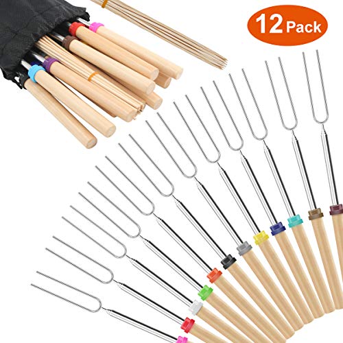 Marshmallow Roasting Sticks Wooden Handle Set of 12 Smores Skewers Telescoping Forks 32 inch Telescoping Smores Skewers for Campfire, Firepit, and Sausage BBQ with Portable Bag & 20 Bamboo Skewers