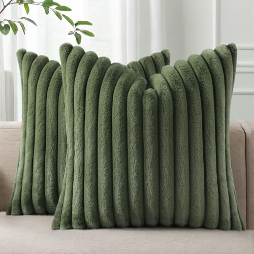 Image of Pallene Faux Fur Plush Throw Pillow Covers 22x22 Set of 2, Luxury Soft Fluffy Striped Decorative Pillow Covers for Sofa, Couch, Living Room, Olive Green
