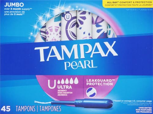 Image of Tampax Pearl Tampons for Women, with LeakGuard Braid, Ultra Absorbency, Unscented, 45 Count (Pack of 6)