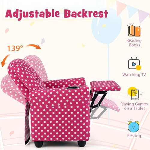 Image of GLACER Kids Recliner with Cup Holder, Velvet Toddler Lounge Chair (Red) | Baby Recliner w /Adjustable Backrest & Footrest, Spring Seat Cushion, Push Back Toddler Sofa for Ages 3+, Supports 150 lbs