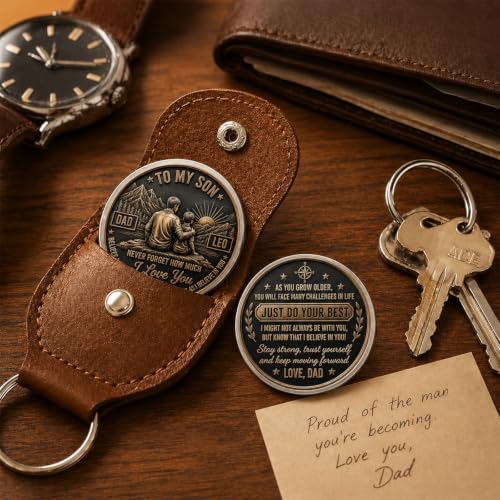 Personalized To My Son Pocket Hug Coin from Dad, Custom Keychain with Leather Pocket, Father to Son Keepsake Gifts - Image 3