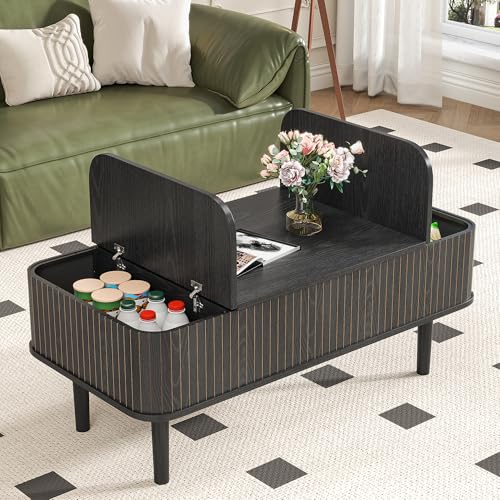 Image of Fluted Lift Top Coffee Table with Storage, Mid Century Modern Coffee Table for Living Room, Home Small Space,39.4 inch Fluted Center Table (Rectangle-Black, 39.4inch)