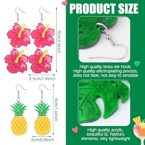 8 Pairs Summer Earrings for Women Hawaiian Tropical Acrylic Dangle Earrings Hawaii Flower Pineapple Leaf Earring Holiday Jewelry3