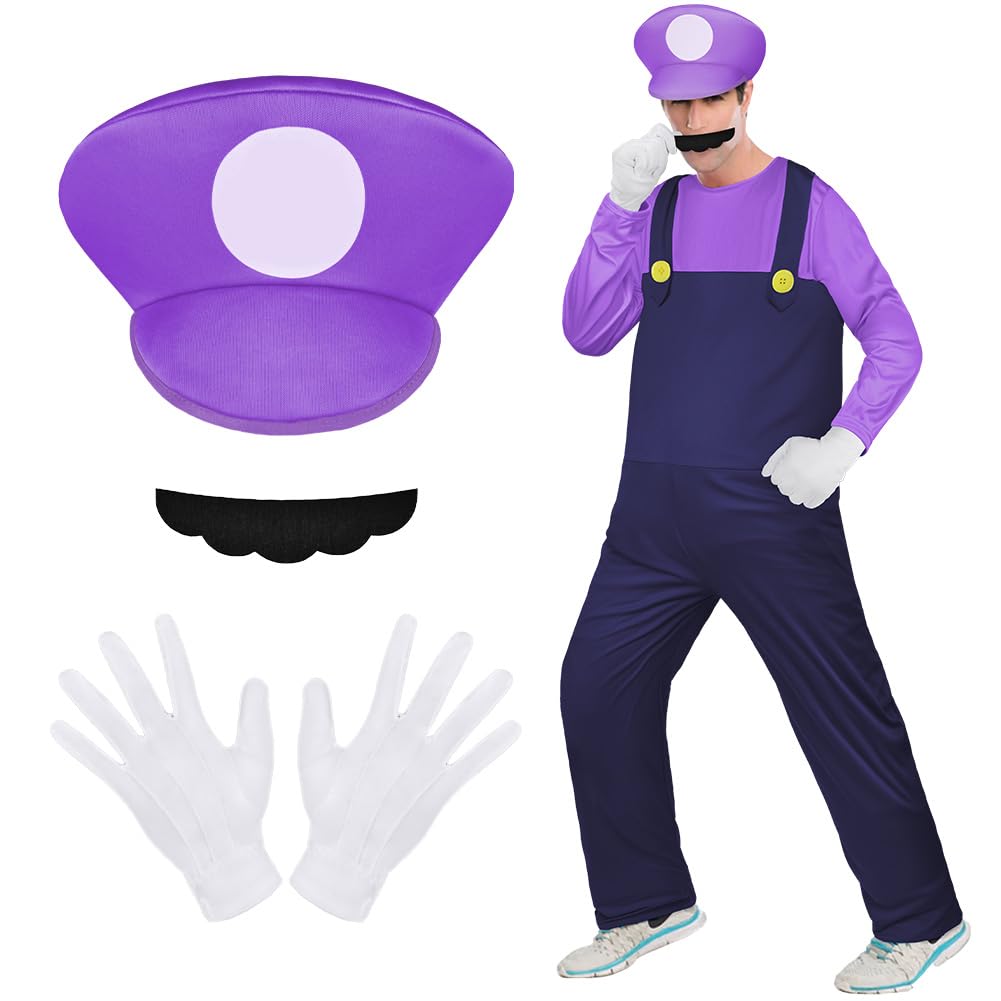 Aomig Mario Costumes, 4 Pack Mario Cosplay Costume Accessories Kits with Bodysuit, Luigi Hats Cap, Mustaches, White Gloves, Mario Luigi Bros Fancy Dress Outfit Costume for Party World Book Day