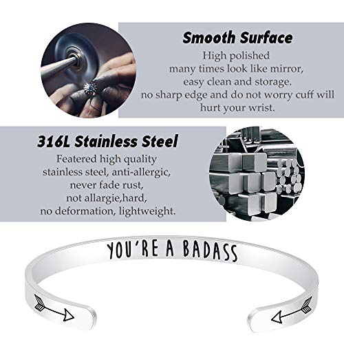 Fesciory Inspirational Bracelets For Women,Stainless Steel Engraved Personalized Positive Mantra Quote Keep Going Cuff Bangle College Graduation Encouragement Gifts For Her (You're A Badass) #TOP2
