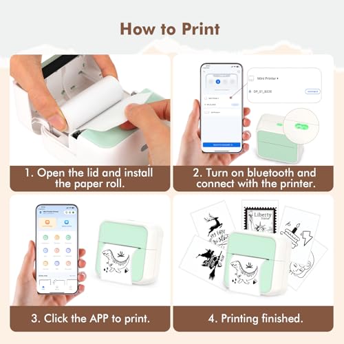 Image of Mini Pocket Printer for iPhone /Android, Portable Mini Sticker Printer with 10 Rolls Non-Sticky Thermal Papers, Blue-Tooth Thermal Label Maker for Journal Memo Notes Photo Study, Green