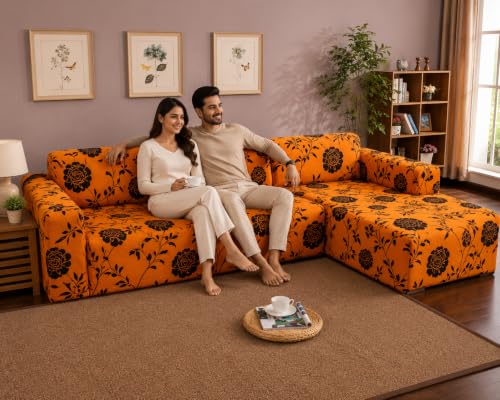 Image of Gifts Island Premium 160GSM Super Soft Gold Black Floral Stretchable Sofa Cover L Shape 5 Seater Fully Covered | Suitable for Both Left and Right Side Chaise Sofa (Gold Black Floral, 3+2 Seater)