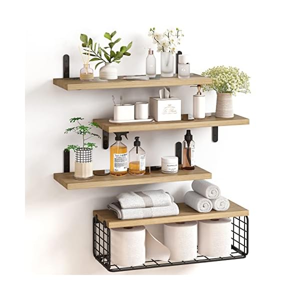 Fixwal 4+1 Tier Floating Shelves, Rustic Wood Wall Shelf, Bathroom Shelves Over Toilet with Wire Storage Basket, Farmhouse Wall Decor for Bedroom, Kitchen, Living Room and Plants (Rustic Brown)