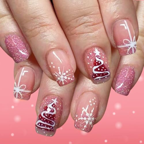 Christmas Press on Nails Medium Square Fake Nails Glitter Nails Press ons with Snowflakes Xmas Tree Bow Designs Pink Acrylic Nails for Women 24Pcs