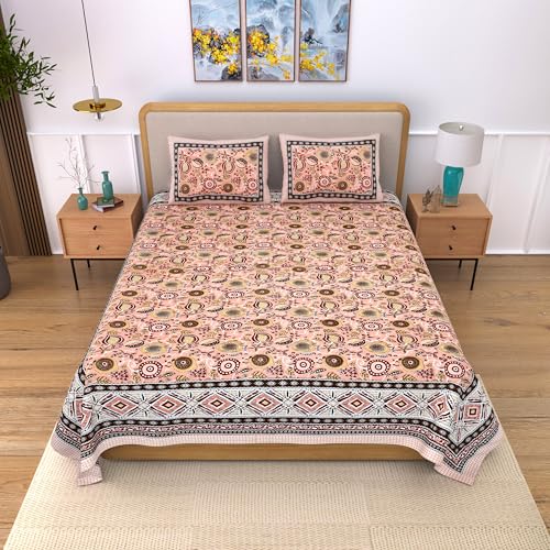 Image of India 100% Pure Cotton Jaipuri Printed Double Bedsheet with 2 Pillow Covers | Traditional Sanganeri Floral Design | Soft Breathable Fabric | King Size Bedsheet for Bedroom (Kaya53)