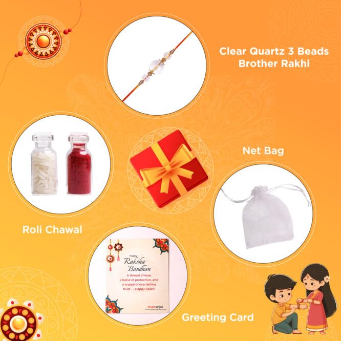 Image of Shubhanjali Crystal Beads Rakhi for Brother | Handmade Healing Crystal Stone Designer Rakhi for Bhaiya | Raksha Bandhan Gift Set with Roli Chawal, Kumkum, Greeting Card & Potli
