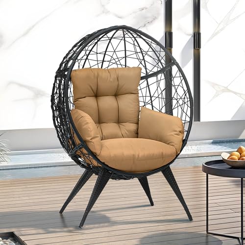 DWVO Oversized Egg Chair with Stand Rattan Outdoor Chairs, Large Lounger Chair with Cushion, Adjustable Leveling Feet, Egg Chair Indoor for Bedroom, Living Room, Outdoor Backyard, Patio, Garden, Beige