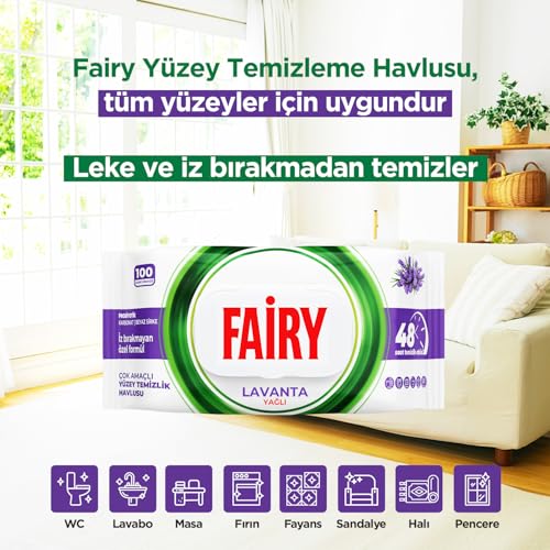 Fairy Çok Amaçlı Yüzey Temizlik Havlusu 100 Yaprak | Lavanta Yağlı | Beyaz Sirke & Karbonat | 48 Saat Temizlik Etkili | İz Bırakmayan Formül