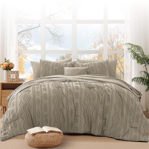 Image of King Size Comforter Set- 7 Pieces Tufted Bed in a Bag King Bedding Sets | All Season Shabby Chic Boho Bedding with Comforter, Sheets, Pillowcases & Shams, Khaki