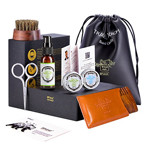 BFWood Beard Travel Kit - Boar Bristles Beard Brush, Beard Comb, Grooming Scissors, Green Tea Beard Oil 30ml, Beard Balm 30g