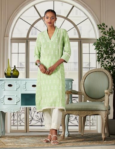 Image of BIBA Women Cotton Regular Fit Straight Embroidered Kurta