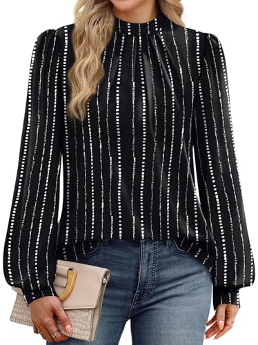Image of WIHOLL Long Sleeve Shirts for Women Mock Neck Tops Pleated Front Blouses Dressy Casual Spring Fall Clothes 2026 Fashion