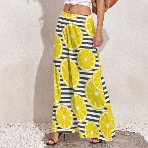 VOSERY Palazzo Pants for Women - Yellow Lemon Print Comfy Casual Womens Wide Leg Pants Baggy Lounge Pants2