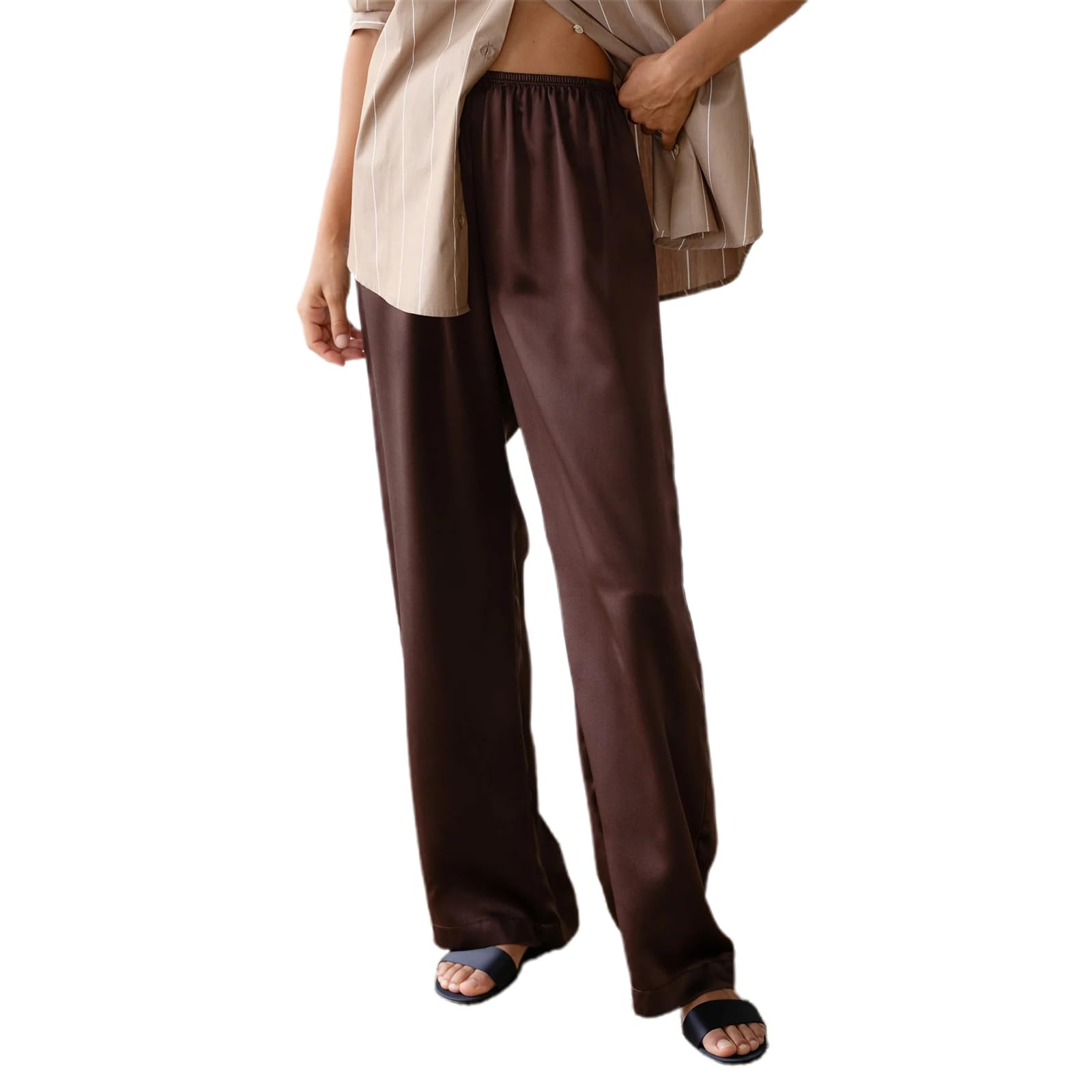 Women Y2k Satin Wide Leg Dress Pants Elastic Waist Silk Lounge Pants Trousers Summer Casual Flowy Long Pants