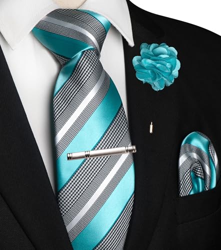 Image of JEMYGINS Mens Striped Tie and Lapel Pin Necktie Pocket Square and Tie Clip Sets for Business Casual 4PCS