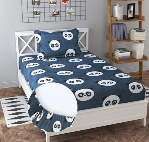 Image of Blue Strip 220TC Glace Cotton Elastic Fitted Bedsheets Single Bed with 1 Pillow Cover | Single Bed with All Around Elastic, Size 42 inch x 75 inch Inches